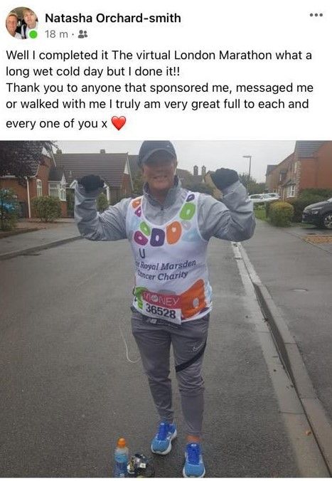 SandyTigersFC's tweet photo. Huge congratulations to our Tiger Cubs coach @OrchieNatasha for completing the Virtual London Marathon, fantastic achievement in today's rotten weather! 🏅

If you can, please show your support for her and the Royal Marsden Cancer Charity:
https://t.co/TEYut5BZYQ https://t.co/h9pIUf5HbO