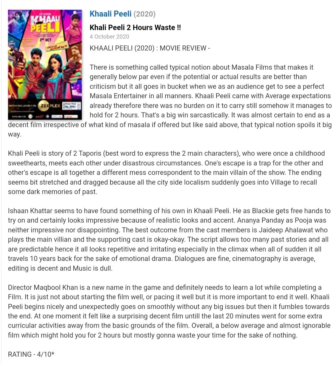 SAMTHEBESTEST_'s tweet photo. #KhaaliPeeli (2020) :
Movie Review -
Khali Peeli 2 Hours Waste !!
RATING - 4/10*
Read My Review Here..
#khaalipeelimovie #ishaankhattar #ananyapanday #maqboolkhan #jaideepahlawat #anupsoni #zakirhussain #satishkaushik #swanandkirkire #suyashtilak #moviereview #filmreview https://t.co/Gw6h6yYk0b