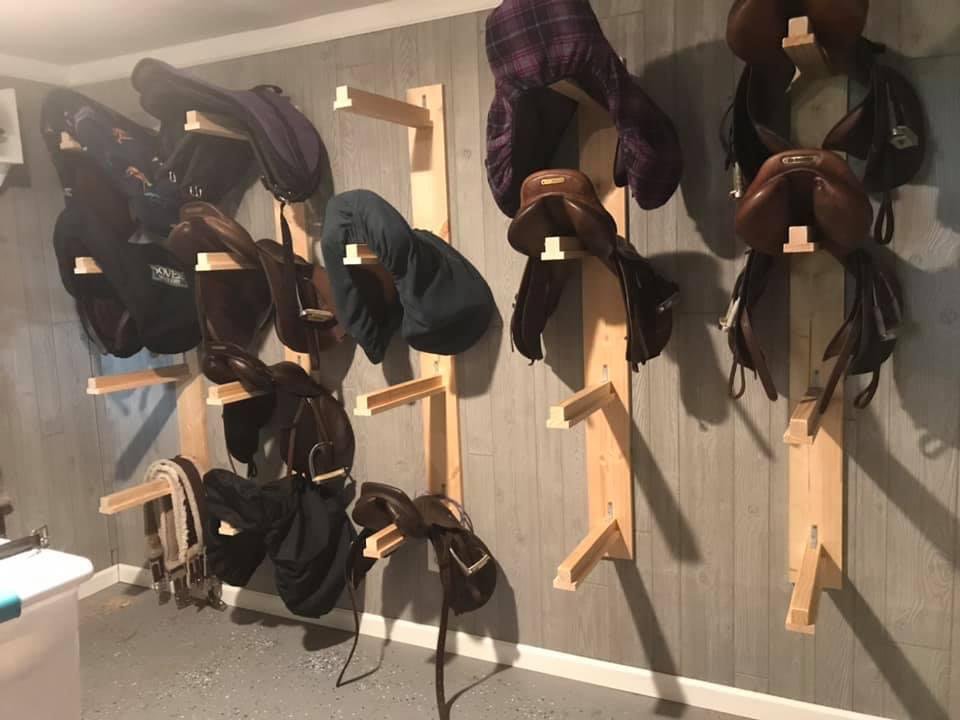 @donttrythis #onedaybuild turned into a #oneweekendbuild 4 bridle and helmet racks and 5 saddle racks for the new barn.
