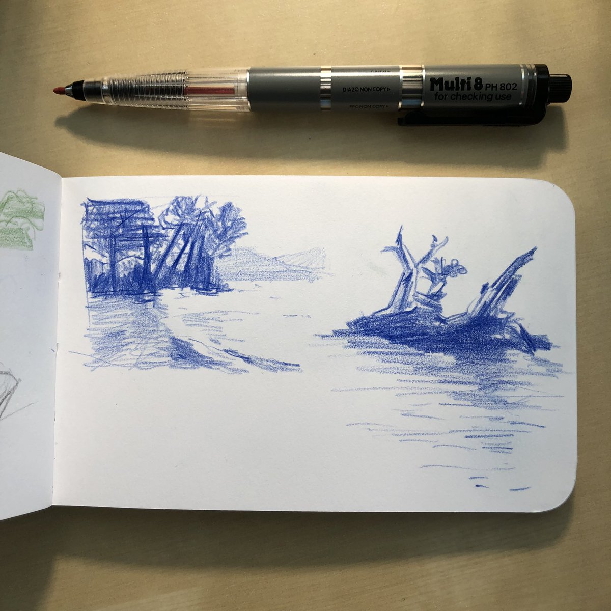goldsheepish's tweet photo. quick doodles with this new #pentelmulti8 8-leads-in-one leadholder! this thing is so handy (it’s not as big as it looks, the sketchbook is small #drawtober2020 #penciltober https://t.co/j7HoRONunD