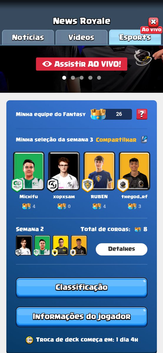 O melhor fantasy do fim de semana!!
Só vem <a href="/thegod_rf/">nick rf</a> !!
<a href="/brunoclash_/">BrunoClash 🎙</a>  <a href="/DecowdoCanal/">Decow</a> <a href="/EsportsRoyaleBR/">EsportsRoyaleBR</a>