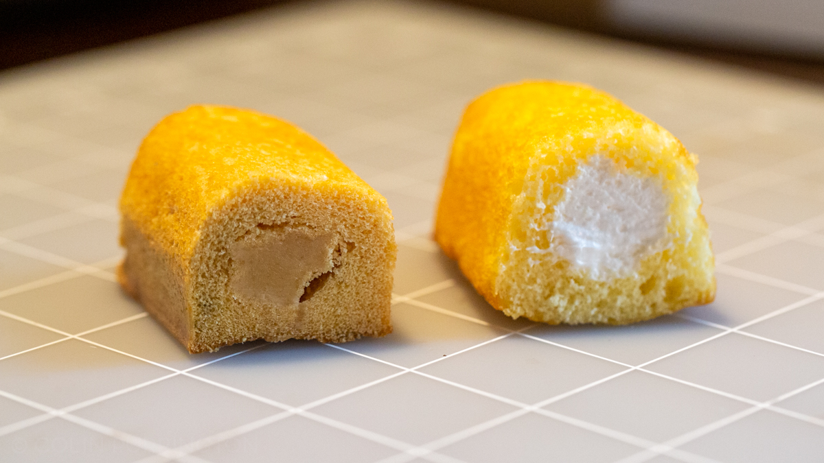 2. The Twinkie from 2012 is on the left. It seems to have settled a bit over the years and looked dry. The biggest difference is that the cream filling has browned and constricted a bit, leaving air gaps.