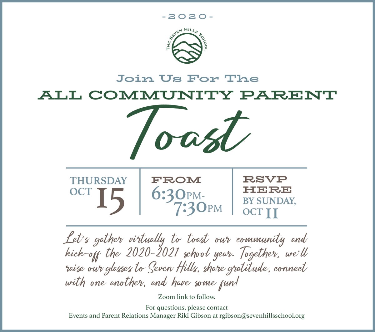 Cheers! Seven Hills parents are invited to come together virtually to toast our community. Together, we'll raise our glasses to Seven Hills, share gratitude, connect with one another, and have some fun! Please RSVP by Sunday, Oct. 11. bit.ly/33toDwR