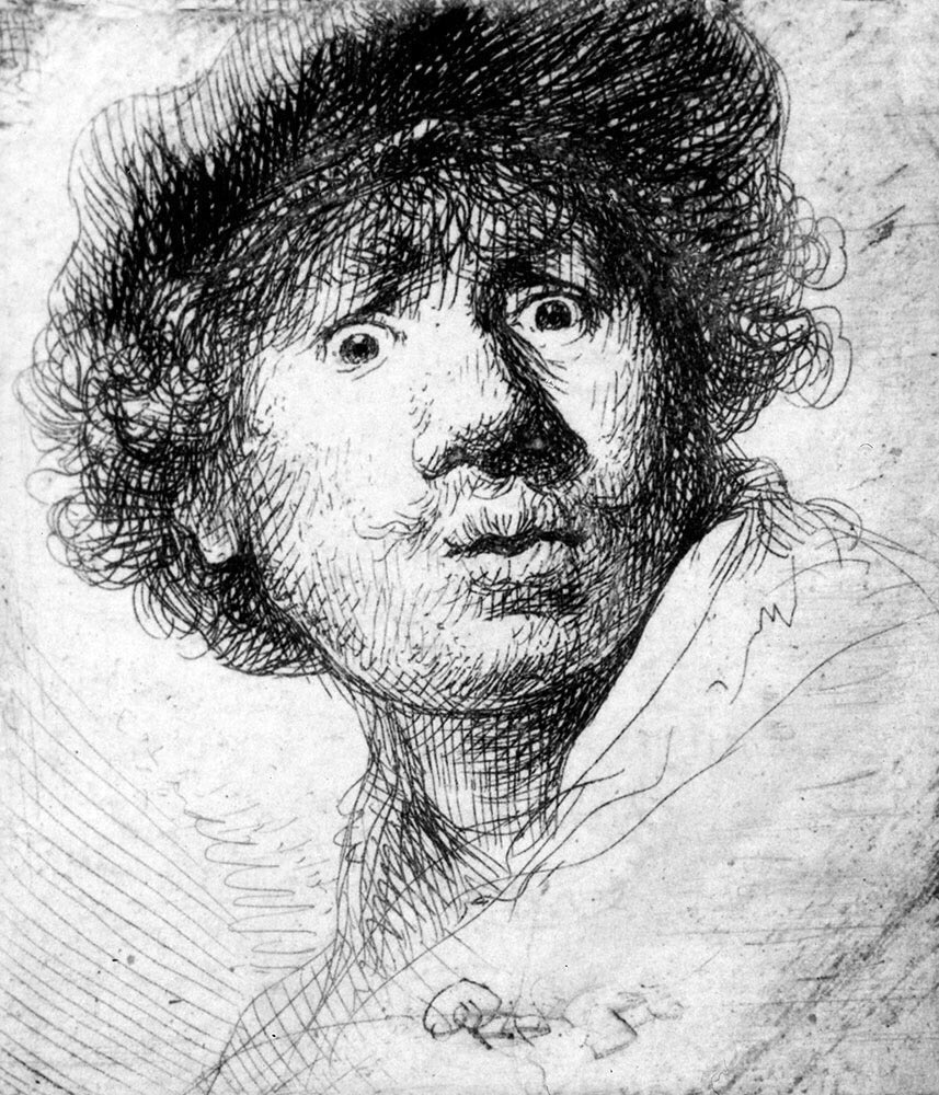 Success came with the patronage of Constantijn Huygens who got him commissions from the Court. Self-Portraits (1629 -1630). Here he shows himself (unconvinced) in glad-rags & more honestly pulling faces. The latter is the greatest self-portrait, in history, in my opinion