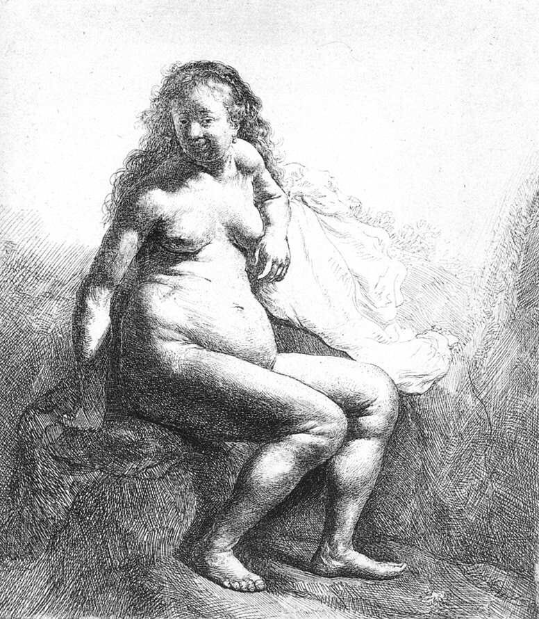 He moved to Amsterdam in 1631 & married Saskia in 1634. He continued to take on students & do some private picture dealing. It’s at this time (1631) he created his honest etchings of women in various guises. Not for him the idealised nude! He was a true lover of women