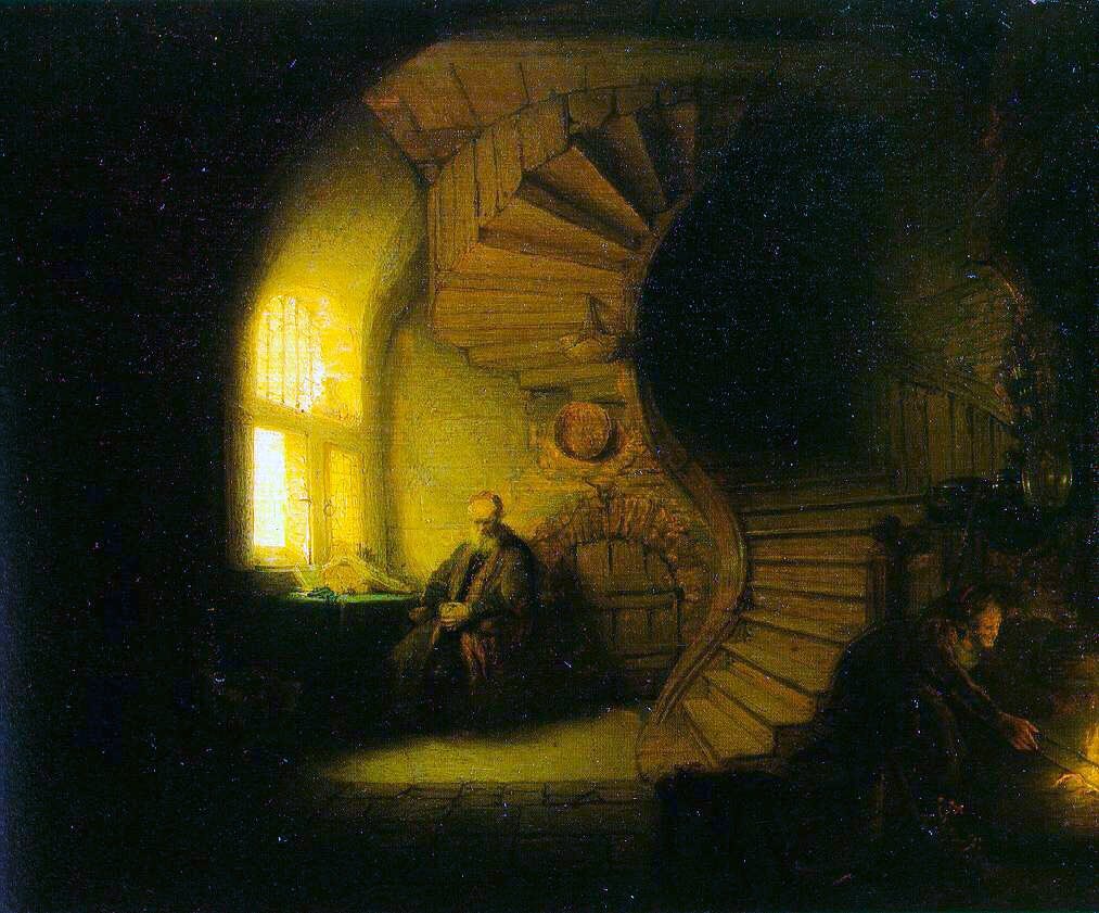 One of my favourite works by him is Philosopher in Meditation (1632). Here the light of wisdom illuminates ignorance & the winding stair demonstrates the elevation & curious paths of knowledge- a tour-de-force! Visit it in the Louvre, Paris