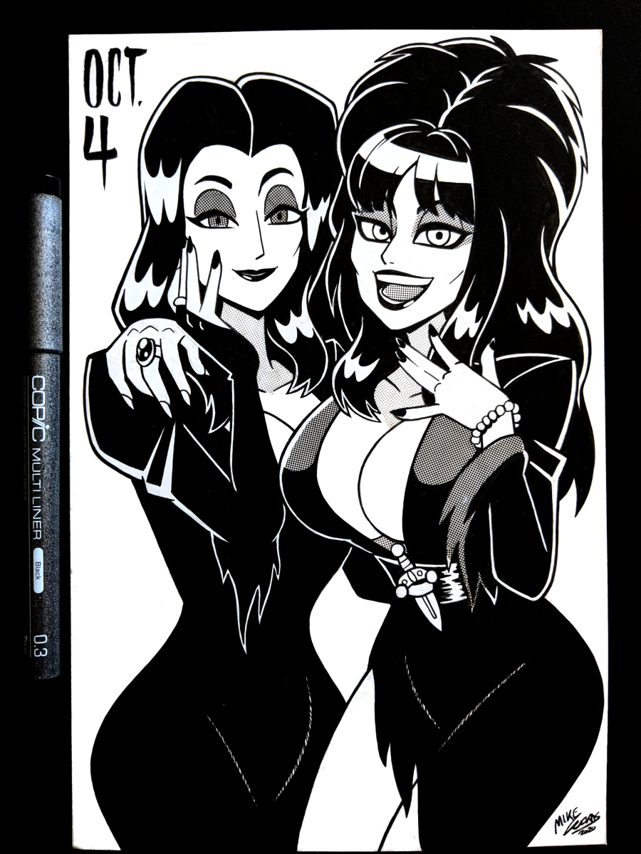 October 4th, Morticia Addams and Elvira! These two would def be BFFs ⚰️🍷 #drawtober #Drawlloween 