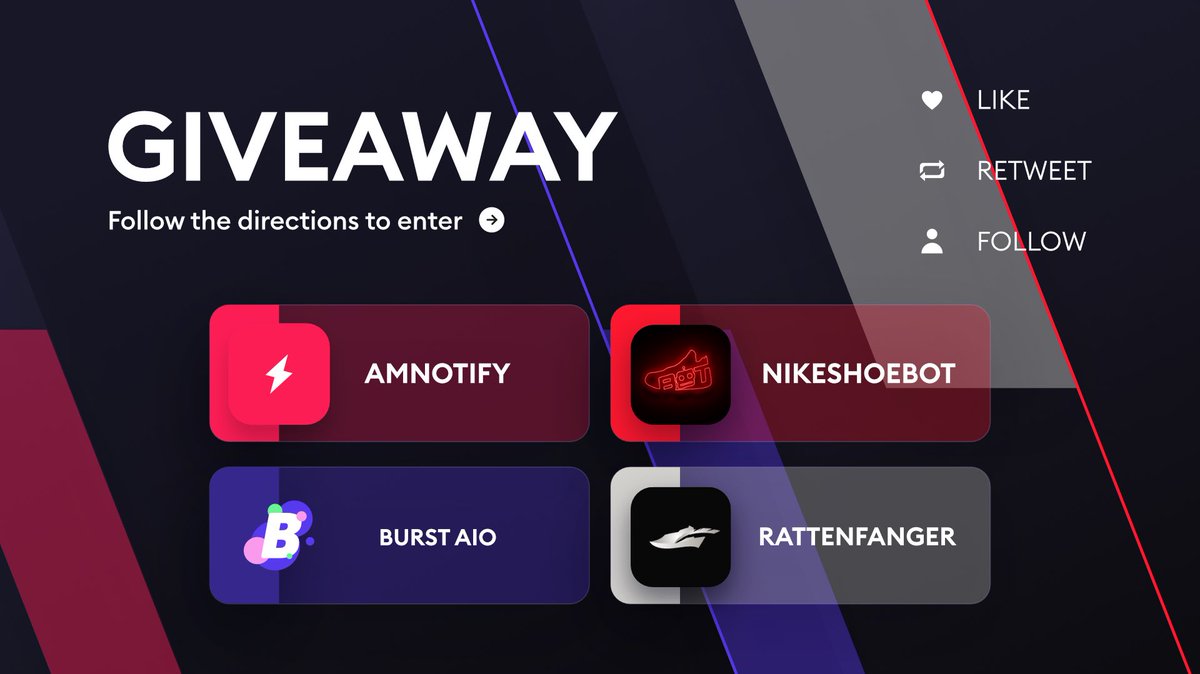 FLASH GIVEAWAY 💥

🎁 Prizes:
- 1x <a href="/AMNotify/">AMNotify</a> Month
- 1x <a href="/BurstAIO/">BurstAIO</a> Renewal Key
- 1x @NSB_Bot Renewal Key
- 1x <a href="/RattenfangerIO/">Rattenfanger</a> Renewal Key

Like, Retweet, &amp; Follow ALL accounts to enter. 

Ends in 1 hour! ⏰