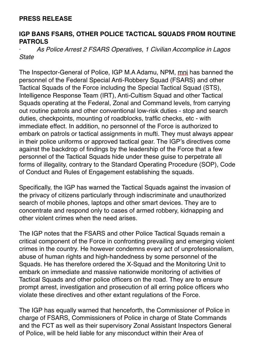 2/ In a 7-paragraph undated statement by  @PoliceNG Public Relations Officer,  @frankmbablog, IGP Mohammed Abubakar Adamu rolled out basic professional codes that should guide men & officers of  @PoliceNG, FSARS, including Tactical Squads & Special Tactical Squads across Nigeria.