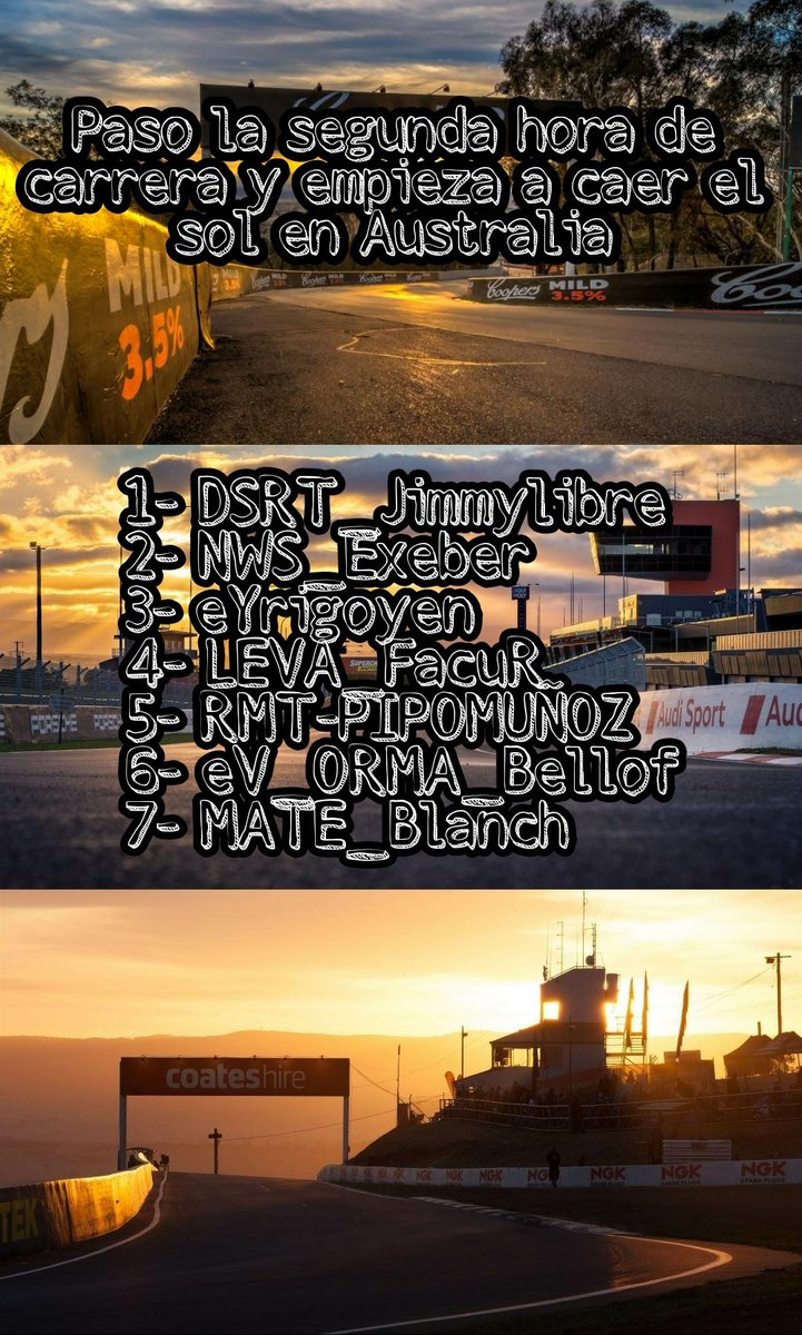 Cae el sol en Australia, finalizan las primeras 2hs de carrera y así queda el top 7 a falta de 4hs para el final. #6HSdeBathurst #GTSport @facududulec <a href="/mategtesports/">Exmategt</a>