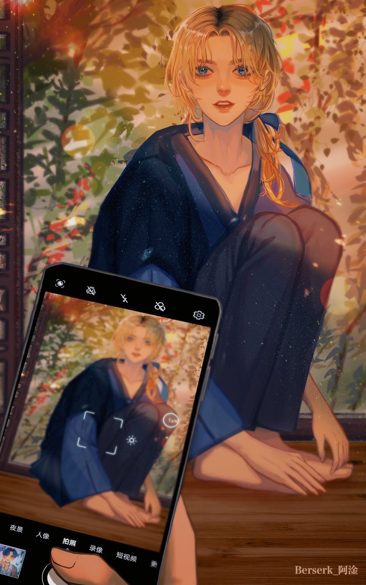 blue eyes blonde hair japanese clothes phone barefoot looking at viewer 1boy  illustration images