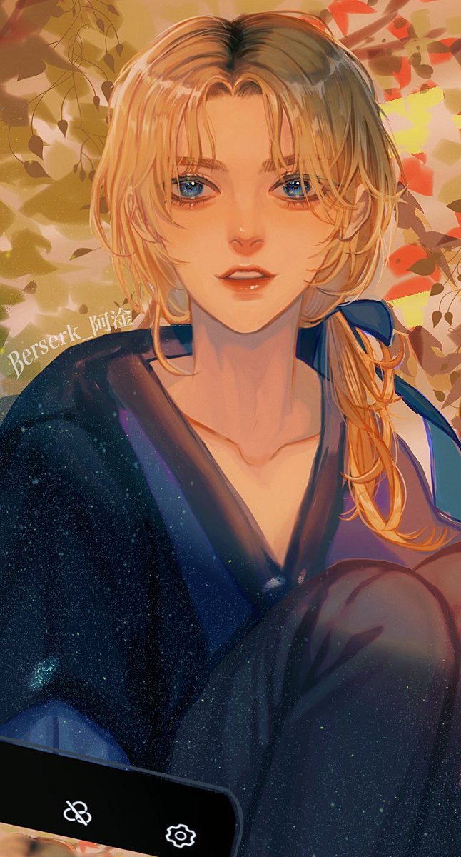 blue eyes blonde hair japanese clothes phone barefoot looking at viewer 1boy  illustration images
