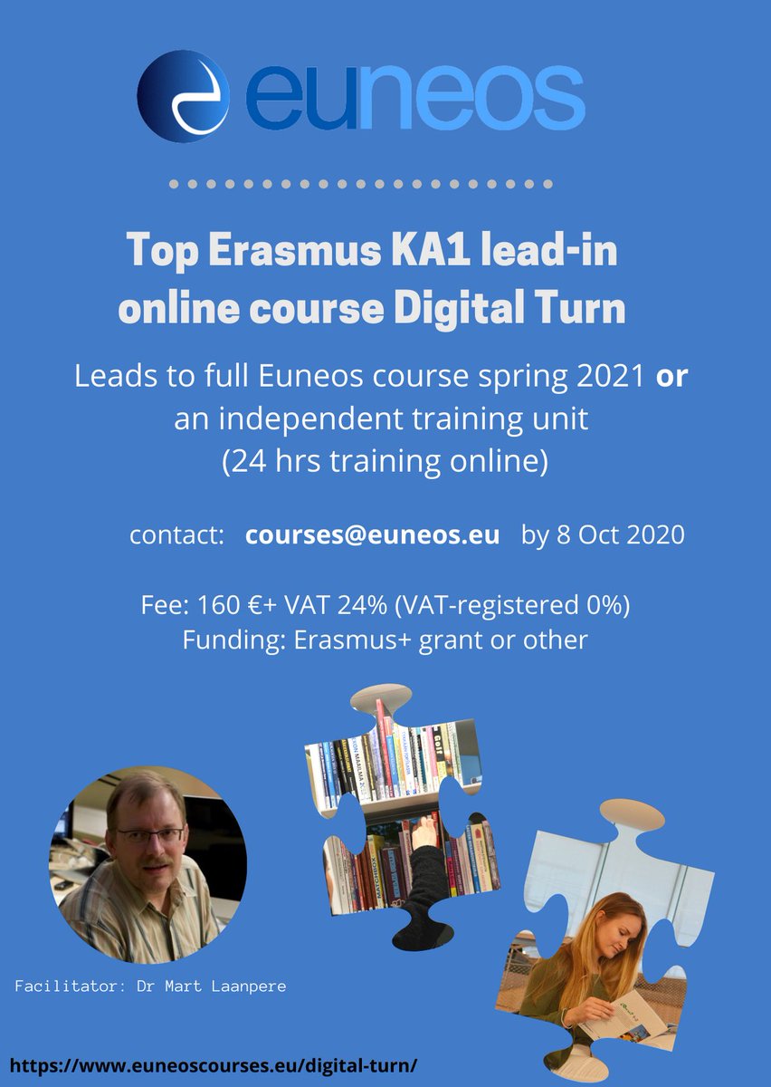 Dr Mart Laanpere, Estonian expert of digital education, will start his lead-in course Digital Turn on 19 October 2020. To ensure your place in the course register to courses@euneos.eu by 8 October. Join a top course (24 hrs)! More in euneoscourses.eu/digital-turn/
