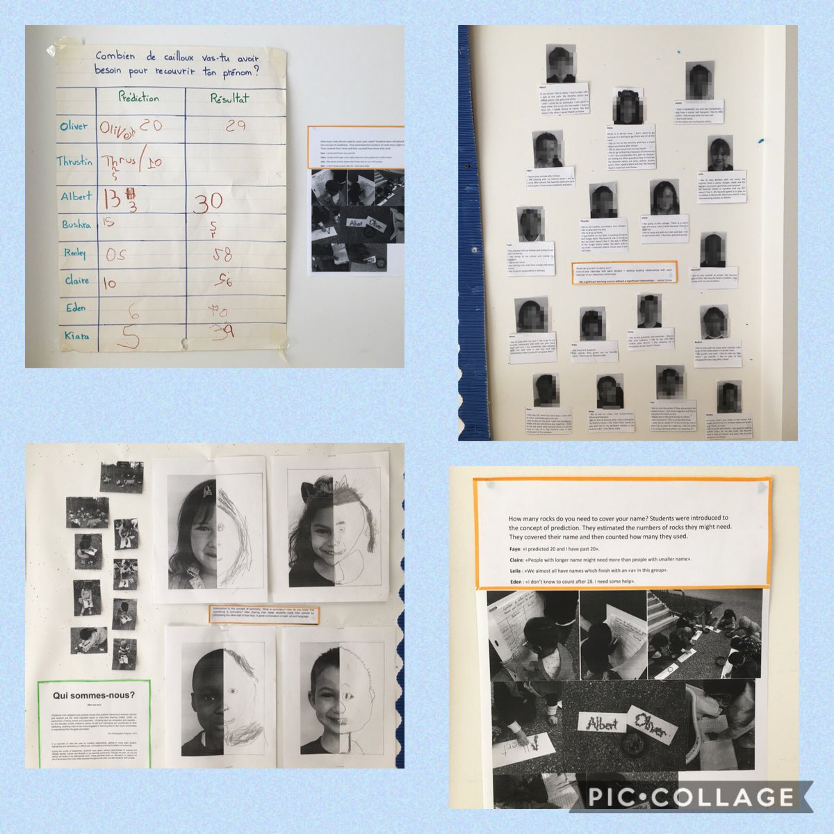 Our first inquiry work on “Qui sommes-nous?” is done. We’ll revisit later this year as it is an ongoing process. Ss worked hard on their activities and are proud to see their work displayed on the walls. #classeK4 #proudstudents #inquiry #identity @CPSpanthersTDSB