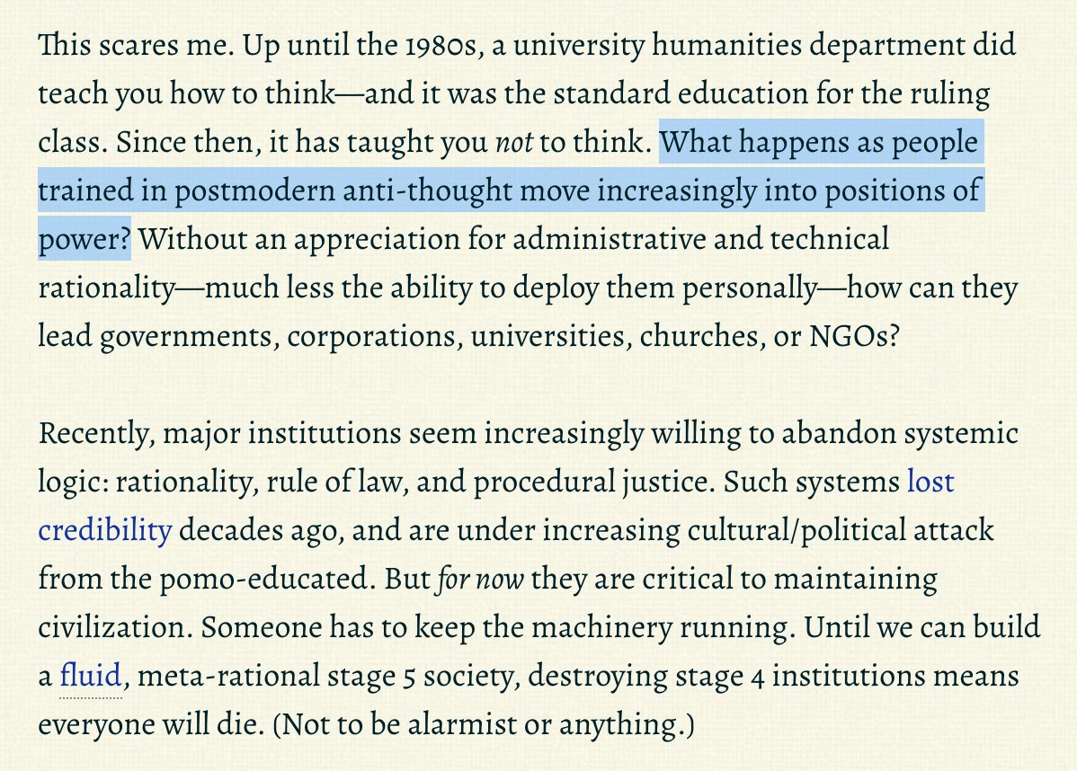 Fighting on behalf of rational systems is critically important now as major institutions we depend on, constructed original on rational foundations, appear to be disintegrating.Pseudo-pomo seems to be one major cause.  https://meaningness.com/metablog/stem-fluidity-bridge#destroy