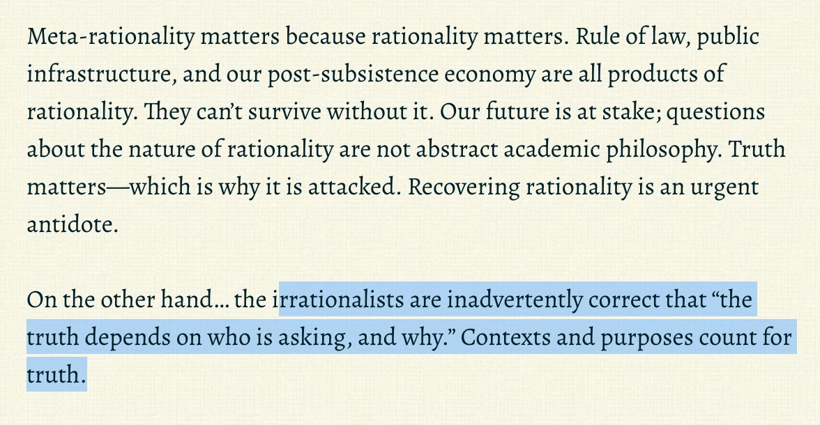 Systematic rationalism overlooks the non-rational work that relates formal systems with concrete reality (circumrationality), and the non-rational work of creating rational systems (meta-rationality).This blind spot limits and distorts its functioning...  https://meaningness.com/eggplant/credibility-post-truth