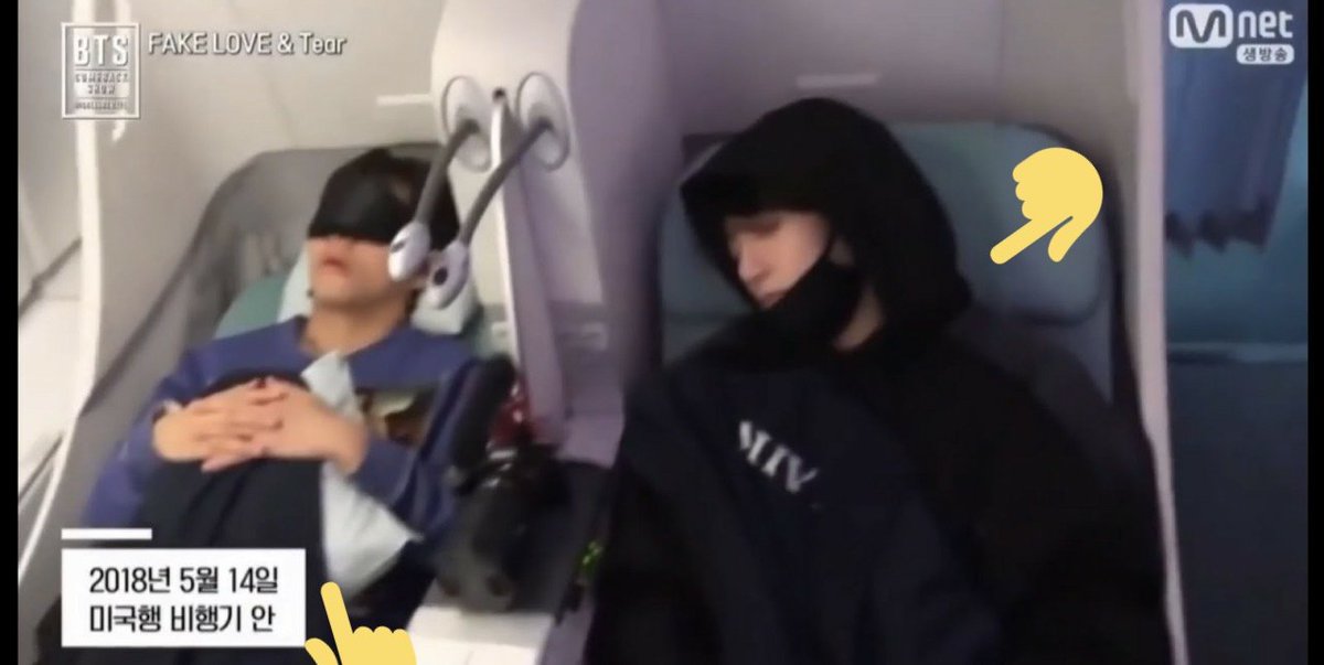 Remember when Tae told us he sleeps better if he is hugging a pillow? Jungkook gave his pillow to him on the plane to make sure he would have a quality sleeping. 