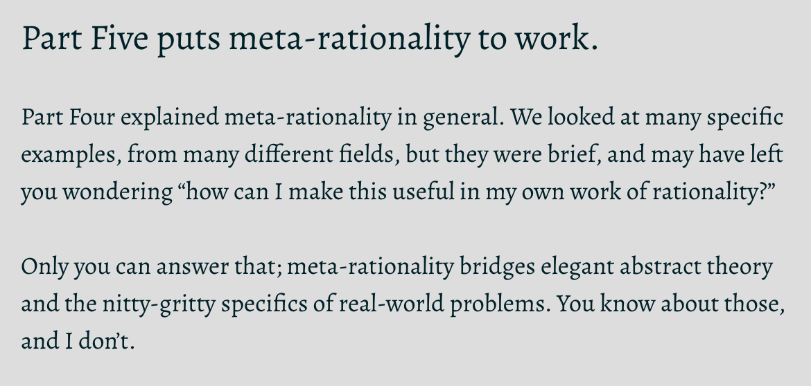 Hooray for Carr and other meta-rationalists for leading us into a better future by figuring out how meta-rationality works in diverse domains, and for communicating the viewpoint to the rational public! https://meaningness.com/eggplant/applications