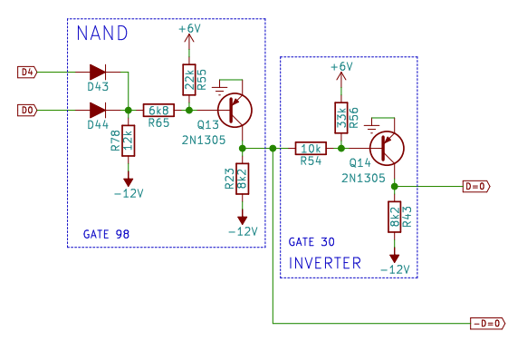 oh yeah, the logic levels are a little strange too. here's a NAND and an inverter. logic '0' is -12V and '1' is 0V. you can probably trace through and figure out how it works.