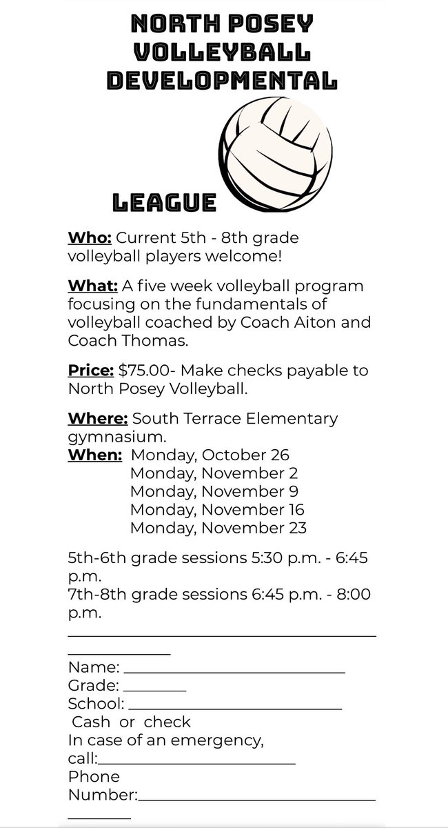 North Posey Volleyball is offering a developmental league for any future Vikings who are interested in becoming better volleyball players! See information below 🏐
