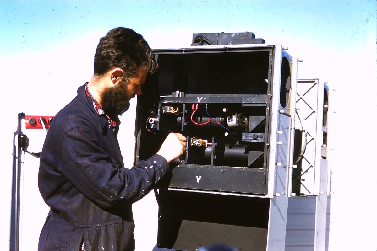 His job while stationed at Mawson Station with what is now  @AusAntarctic, was to set up a photometer to measure the colours of the Aurora.