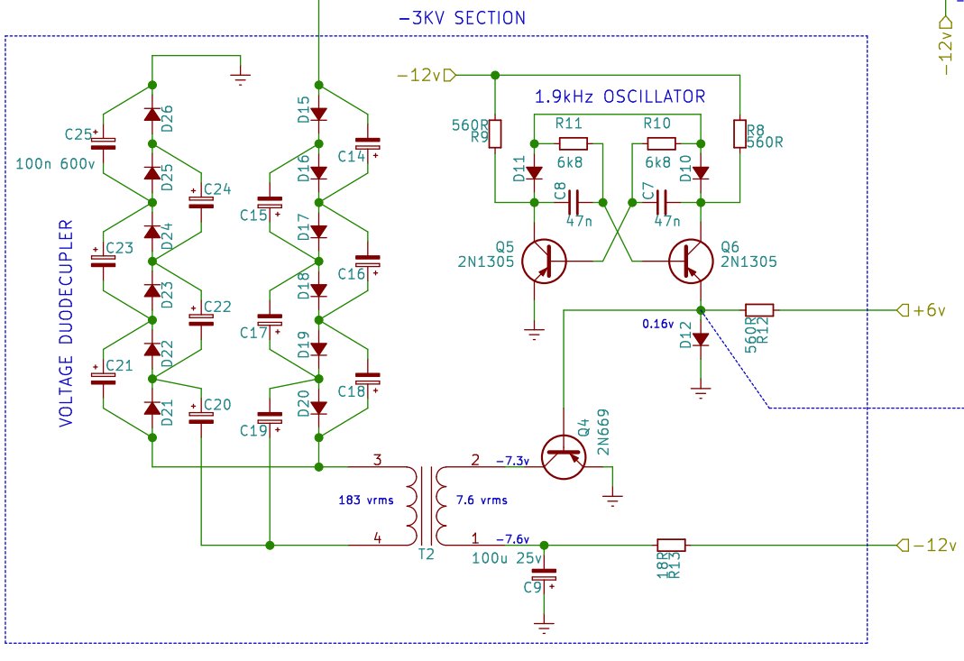 another circuit that stood out to me is the -3000V power supply that is used to bias the CRT's cathode. it's got a little oscillator with a transistor driving a transformer, and the AC output of that goes through a Cockcroft-Walton voltage multiplier circuit.