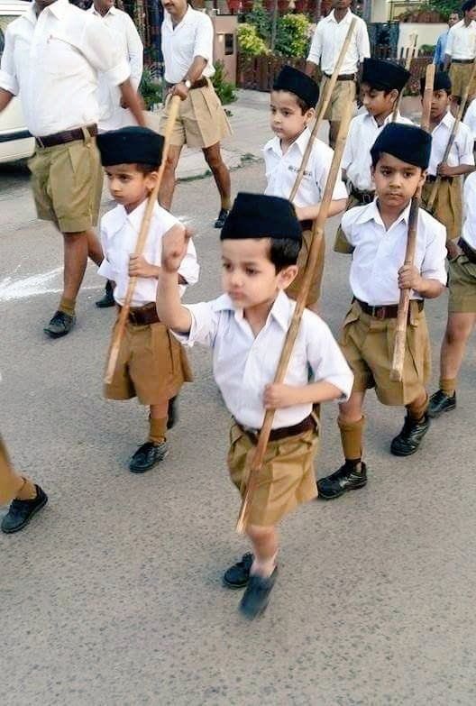 For all those who are saying children should not be used for politics:Haven’t seen such comments on videos when young kids are wearing khakhi knickers and marching with lathis or not when people are trained in lethal weapons in the name of RW politics+