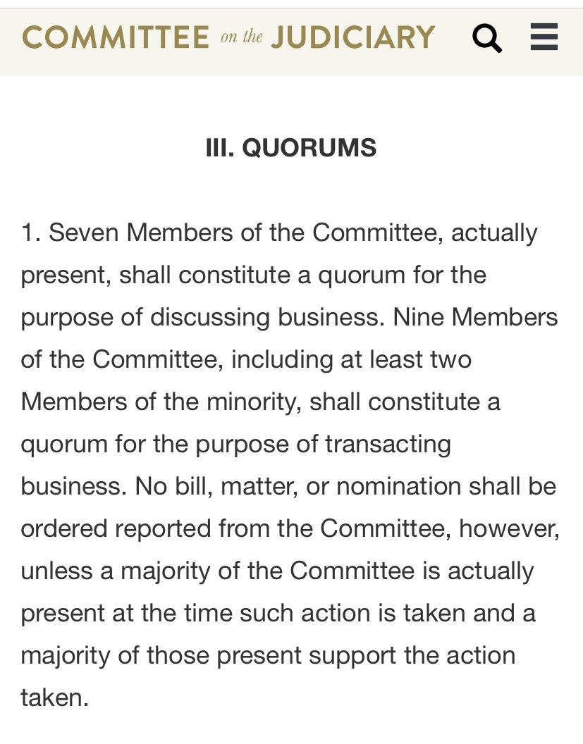 In the meantime: Judiciary Committee rules state that 2 members of the minority must be present for the committee to vote. Whether or not Dems participate in the hearings, they should deny Judiciary a quorum to vote on ACB's nomination. They have the power to do this and should.