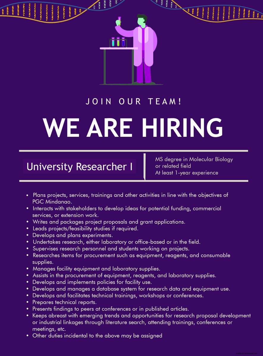 pgcmindanao's tweet photo. We are hiring One (1) University Researcher I

For interested applicants, kindly address your application to:

Dr. Lyre Anni E. Murao
Program Director
Philippine Genome Center Mindanao

Email your application letter and resume/CV to lemurao@up.edu.ph https://t.co/n55jnjpHRS