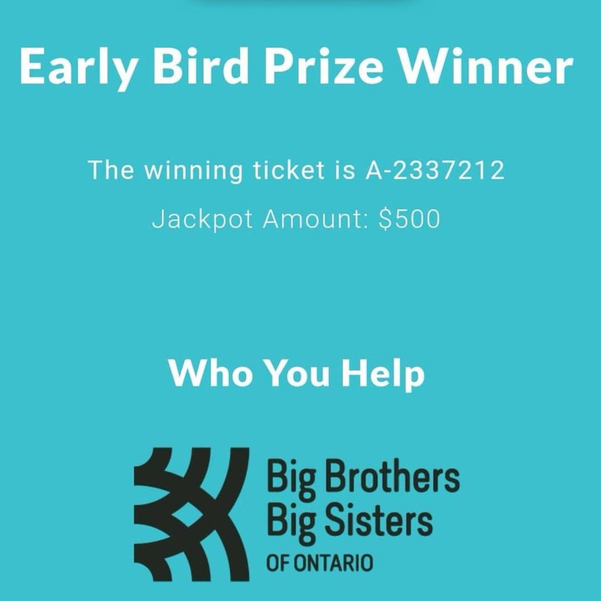 More than $55,000 could be yours! Get your 50/50 ticket and help your local Big Brothers Big Sisters agency :)
…thersbigsistersraffle.5050central.com/?olc=sniag&utm…

In the meantime, the winning ticket for the $500 Early Bird prize is A-2337212! 

#BBBS #lottery #BiggerTogether #ontariolottery