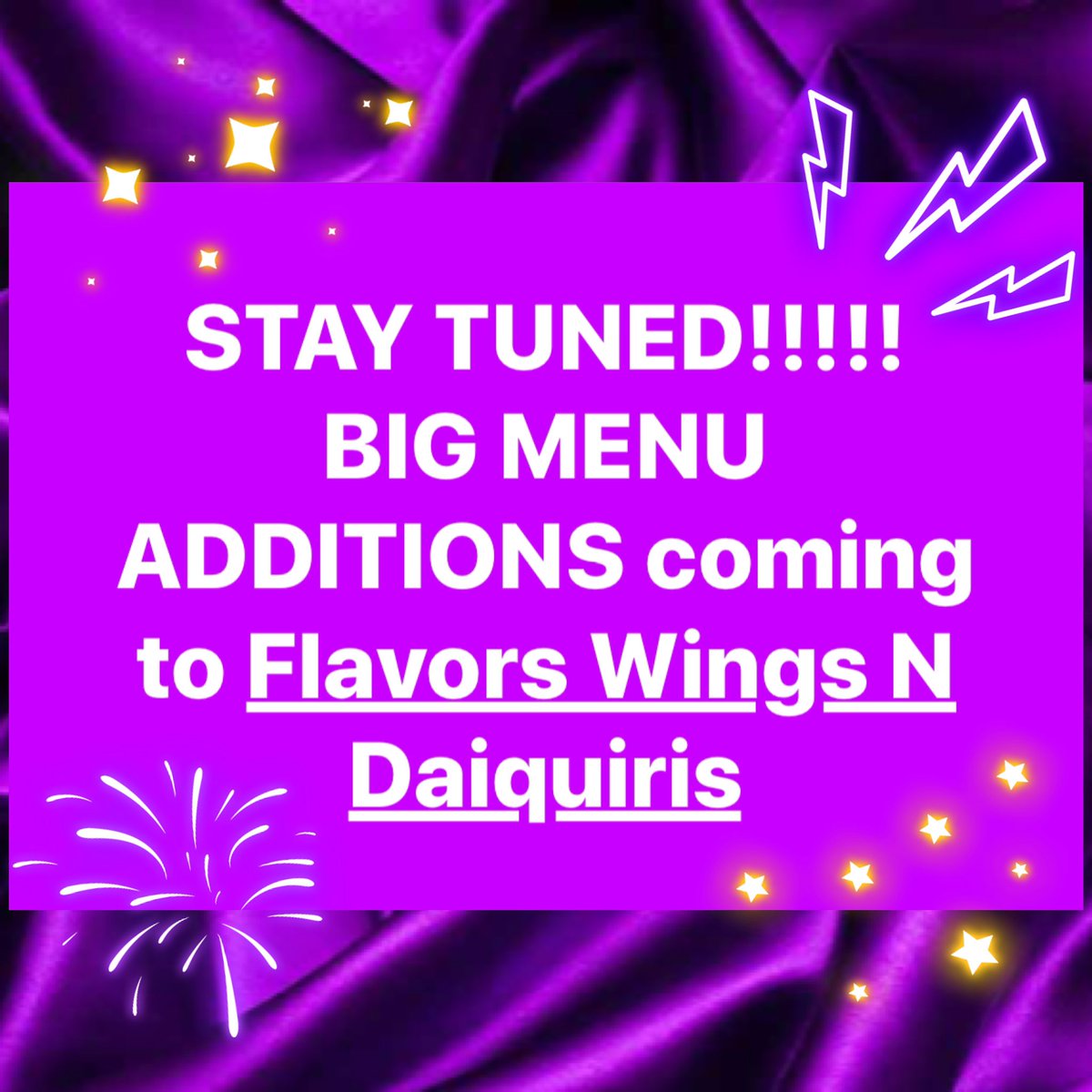 FlavorsWingDaq's tweet photo. Stay tuned… We’ve got some exciting news to share with you soon! Giving you “the flavors your mouth will savor” 7 days a week: Flavors Wings N Daiquiris - 5005 S. Cooper St. Suite 175 Arlington, TX 76017 ☎️ 817-583-6517 #BigNews #MenuAdditions #StayTuned https://t.co/GBUfaQNWI6