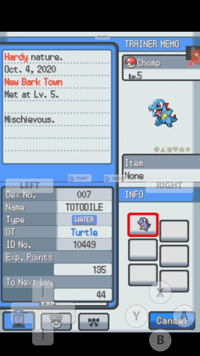 Starting a Pokemon Heart Gold nuzlocke-ish challenge Name my character Turtle.My starter is Totodile.Her name is Chomp.And the adventure begins.
