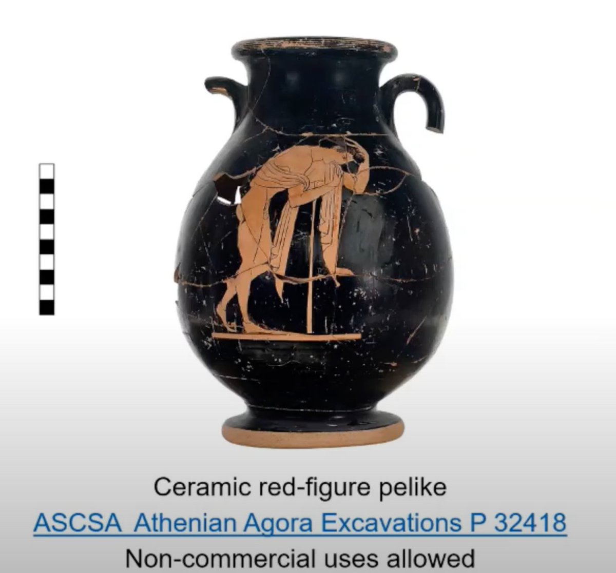 An example of narrative can be seen on this wine vessel. The monoscenic narrative is of a man vomiting from drinking too much wine. Scholars see this as caution because the Greeks warned about drinking too much, yet also ironic because it is on a drinking vessel (1). /4