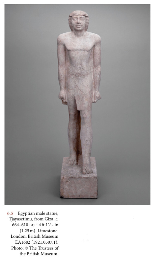 The consistent form of kouros compares to Egyptian statues (image below). These two statues both have their left leg forward and their arms by their sides (2). The familiar symbols in the two pieces allow scholars to notice Egyptian influence in Greek art. /3