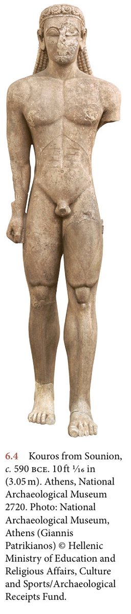 One example of symbolism is found in Kouros. Kouros display an idealized human (image below(2)). They are extremely muscular and the standard of Greek beauty. Scholars notice these symbols, and interpret them as representative of the "virtues and values" of the society (1). /2