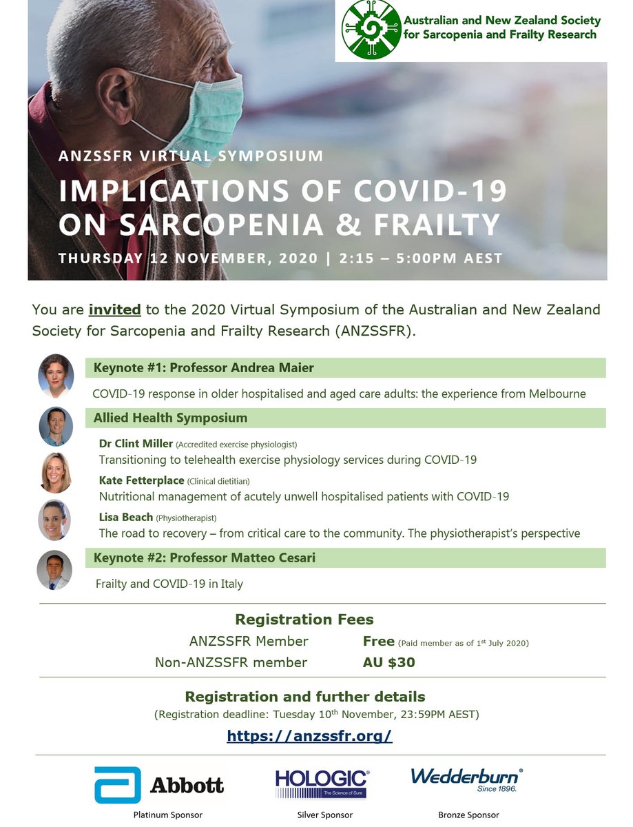 ANZSSFR's tweet image. Join us November 12 for our Virtual Symposium "Implications of #COVID-19 on #sarcopenia and #frailty: Looking back to move forward" featuring @AndreaBMaier @macesari @FetterplaceKate @_clintmiller 

Free for members and only $30 for non-members!

Register: anzssfr.org/future-meetings