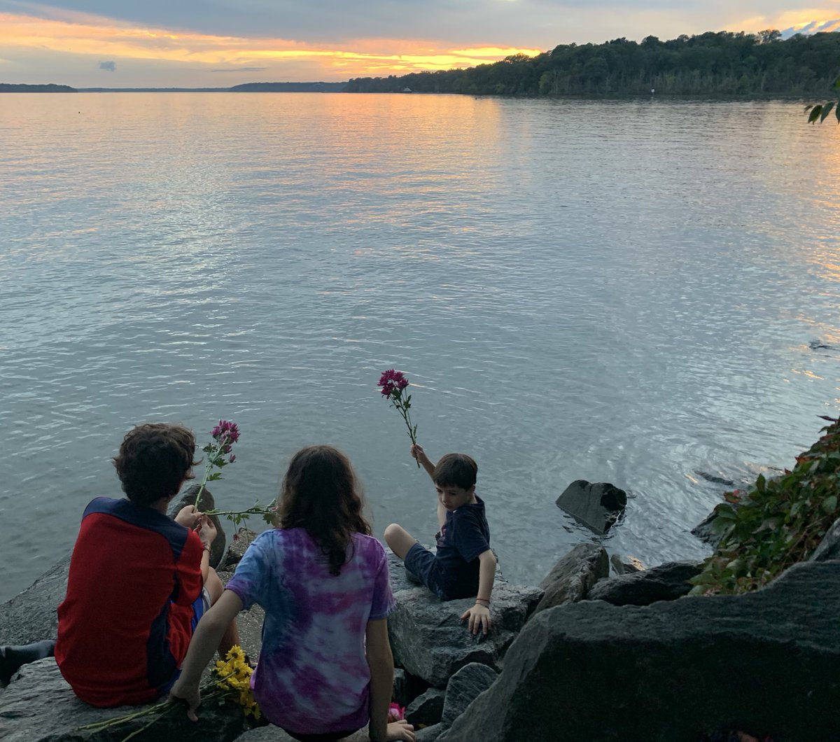 With us losing light fast, we placed the flowers in the Potomac in two groups. This was the first, with the children doing the honors. Everytime they threw a flower in the water, they said something about RBG. Like how she was kind or fought to make people’s lives better.