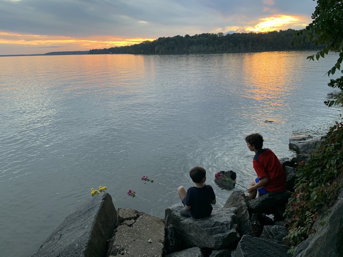 With us losing light fast, we placed the flowers in the Potomac in two groups. This was the first, with the children doing the honors. Everytime they threw a flower in the water, they said something about RBG. Like how she was kind or fought to make people’s lives better.