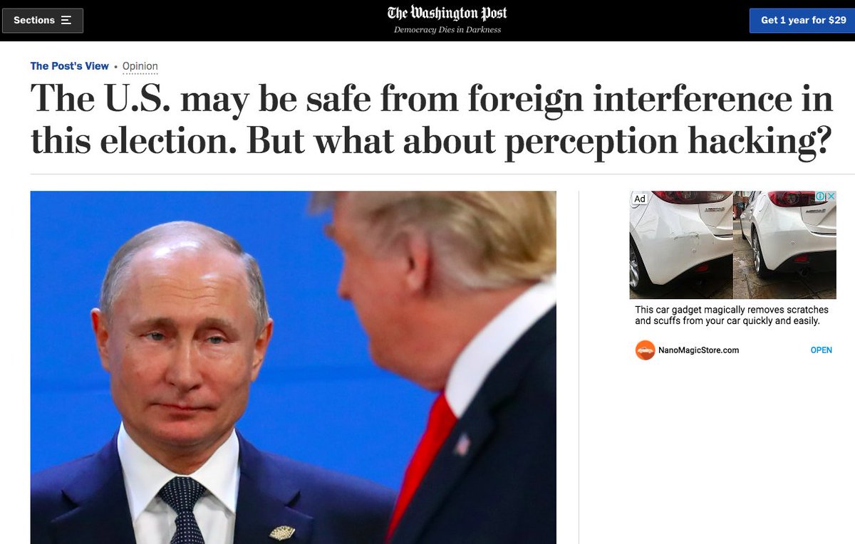 "Russia and other adversaries may not need to hack the election if they can hack something else: our minds."From The Washington Post. Democracy Dies in Darkness.