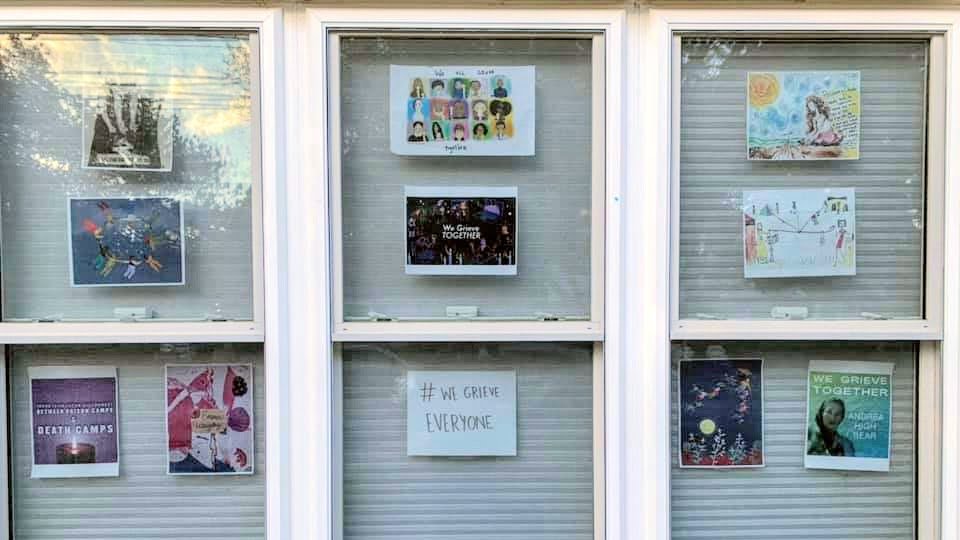 Shout out to Cicely Wilson Fleming for creating this lovely at-home display of  #WeGrieveTogether artwork. If you would like to print images to create your own, or to collage or make a sign, you can find art here:  https://bit.ly/grieveart 