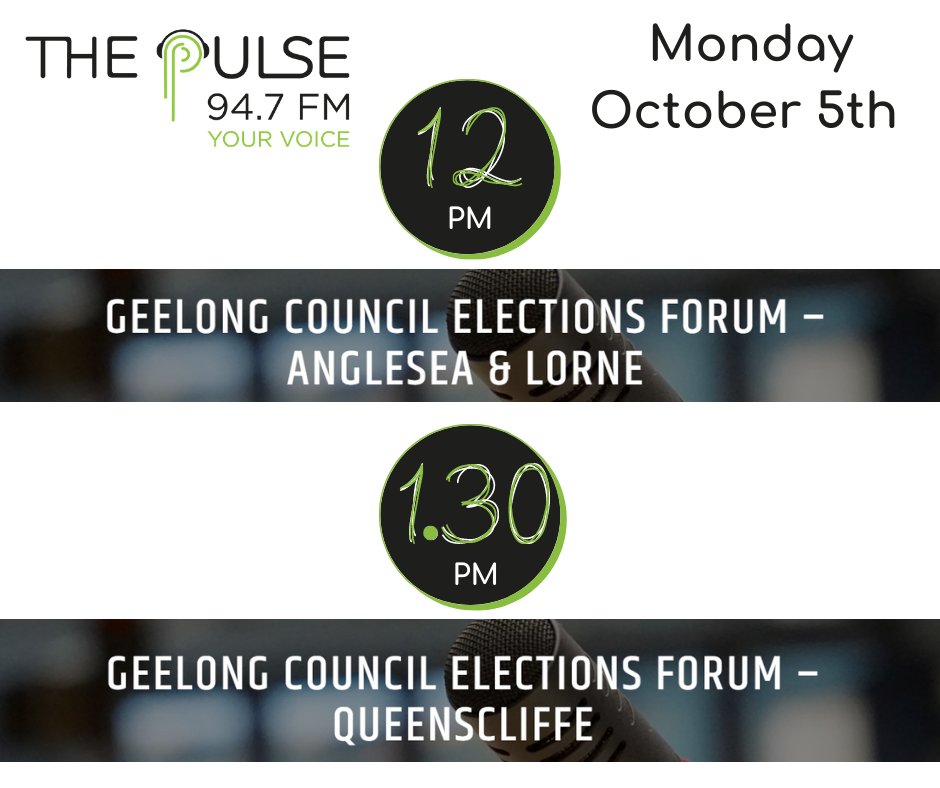 12pm TODAY! Our Geelong Council Elections Forums for the Anglesea/Lorne and Queenscliffe wards LIVE from 12pm today on 94.7 The Pulse and live-streamed online via our FB @947thepulse, or on our website. THERE'S STILL TIME TO SUBMIT YOUR QUESTIONS HERE: 947thepulse.com/councilelectio…