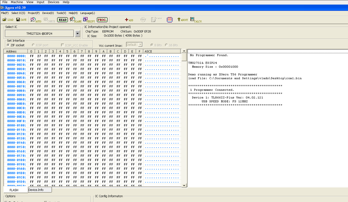 I also know that I can write to other locations with the manufacturer's Windows program -- I just wrote a custom value 27 to the second half of the first byte, something that minipro continuously fails. However, the program wants to do verification, so it fails after first 8 bits