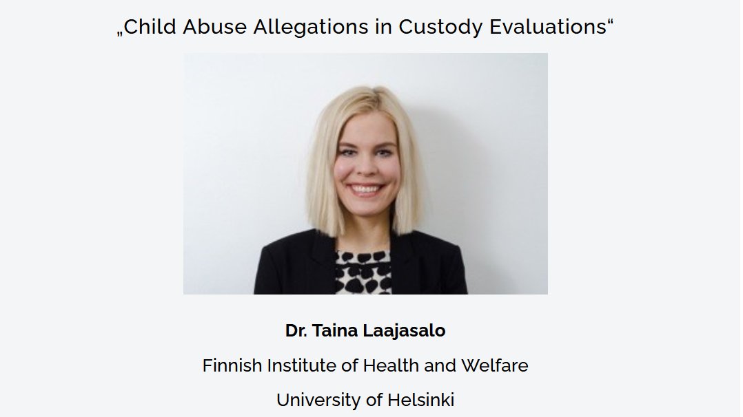 RenateVolbert's tweet photo. Pleased to announce Dr. Taina Laajasalo on „Child Abuse Allegations in Custody Evaluations“ at the International Symposium on Forensic Psychology in Family Law (#FPFL) on October 28th, 2020 at 18:00-19:30h (UTC+1, Berlin) via Zoom. 
For more information: https://t.co/36mV8OmW1M https://t.co/DFAvpVbBqJ