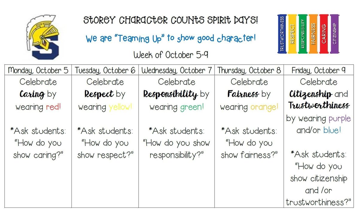 Storey Elementary School Kicking Off Next Week With Character Counts Spirit Days Doesnt Matter Where We Are Learning We Are Teaming Up To Show Good Character Each Day We Will