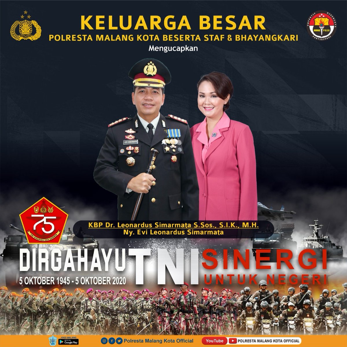 Kapolresta Malang Kota Beserta Staf Dan Bhayangkari
.
Mengucapakan 
.
DIRGAHAYU KE-75 TNI SINERGI UNTUK NEGERI 

5 Oktober 1945 - 5 Oktober 2020

#TNI-PolriBersinergi #SinergitasTNI-Polri
#sabharamakota
<a href="/DivHumas_Polri/">Divisi Humas Polri</a>