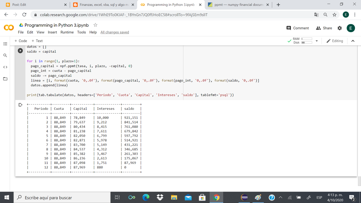 alxate's tweet photo. #Finanzas, excel, vba, sql y algo más...: Construyendo una Tabla de Amortización de Préstamos con #Python - #numpy-financial y #tabulate: https://t.co/wI0QGcNcKW https://t.co/0nuZ5lXxFj