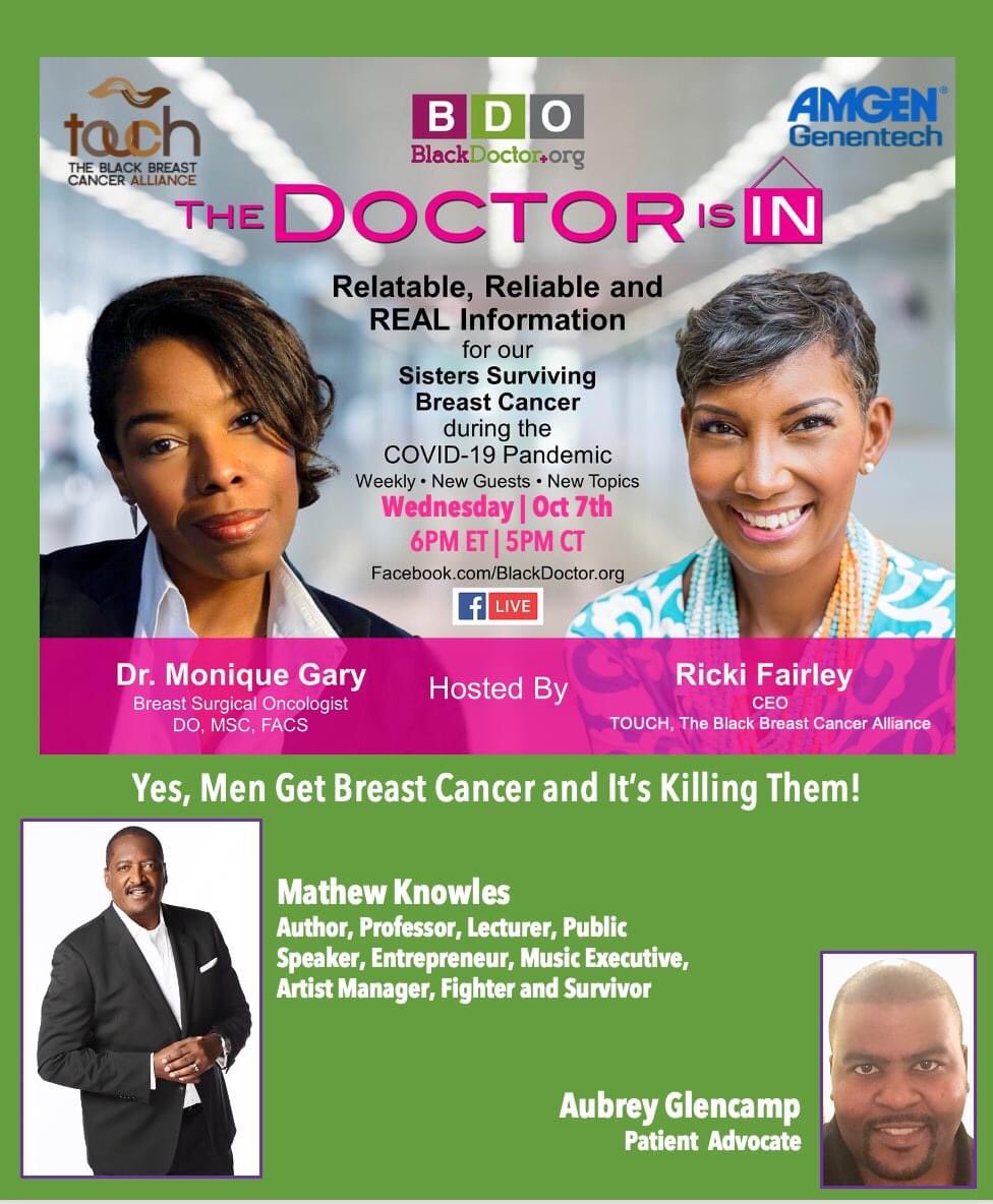 Touch, The Black Breast Cancer Alliance ™️ (@touchbbca) on Twitter photo Countdown to The Doctor Is In with <a href="/MathewKnowles/">Mathew Knowles</a> 3 days....
Join us on Wed 6pmEST! <a href="/Beyonce/">BEYONCÉ</a> & @Solange have a 50% chance of inheriting #brca from their dad. Can’t wait to hear his story! #blackbreastcancermatters #malebreastcancer <a href="/blackdoctor/">BlackDoctor</a> <a href="/DrMoniqueGary/">Dr. Monique Gary (she/her 🏳️🌈)</a> <a href="/Amgen/">Amgen 🧪🔬🧬</a> Countdown to The Doctor Is In with <a href="/MathewKnowles/">Mathew Knowles</a> 3 days....
Join us on Wed 6pmEST! <a href="/Beyonce/">BEYONCÉ</a> & @Solange have a 50% chance of inheriting #brca from their dad. Can’t wait to hear his story! #blackbreastcancermatters #malebreastcancer <a href="/blackdoctor/">BlackDoctor</a> <a href="/DrMoniqueGary/">Dr. Monique Gary (she/her 🏳️🌈)</a> <a href="/Amgen/">Amgen 🧪🔬🧬</a>