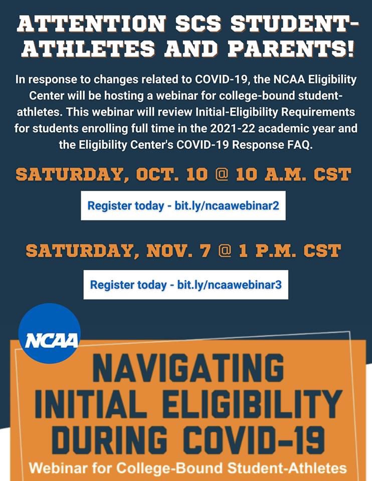 Dr. Joris M. Ray (@scssuptray) on Twitter photo As we work to support athletes during virtual learning, tune in to upcoming @SCIAAFEVER and <a href="/NCAA/">NCAA</a> workshops to learn about our proactive college eligibility and recruitment process:
Register for Oct. 10 - bit.ly/ncaawebinar2
Register for Nov. 7 - bit.ly/ncaawebinar3 As we work to support athletes during virtual learning, tune in to upcoming @SCIAAFEVER and <a href="/NCAA/">NCAA</a> workshops to learn about our proactive college eligibility and recruitment process:
Register for Oct. 10 - bit.ly/ncaawebinar2
Register for Nov. 7 - bit.ly/ncaawebinar3