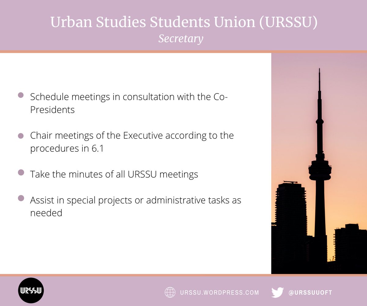 urssuuoft's tweet photo. Don't forget - nomination forms for the 2020-2021 URSSU Executive Team close THIS THURSDAY at 5pm! Details on our Secretary, Treasurer, and denCITY Journal Rep positions are posted here ✨

Link to nomination form: https://t.co/U3kZIW936r https://t.co/YshIbq8Rso