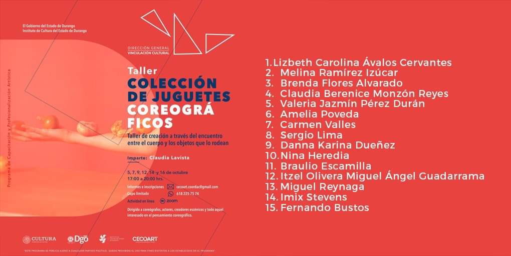 delfosdanza's tweet photo. Mañana iniciamos este proceso en colaboración con el Instituto de Cultura del Estado de Durango ICED
¡Felicidades a los participantes!
Juguetes Coreográficos impartido por Claudia Lavista https://t.co/bhVEiFrUk5